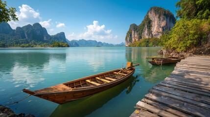 Scenic tropical landscape of phang nga bay with traditional wooden longtail boat docked at pier, crystal clear turquoise water, limestone cliffs, exotic travel adventure in phuket thailand, famous asi