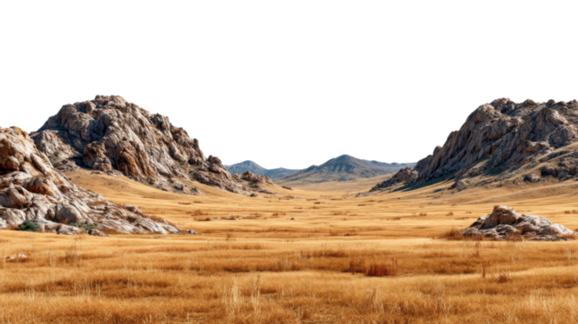 Golden Valley Serenity: A vast, sun-kissed valley stretches towards the horizon, framed by rugged, textured rock formations and a sea of golden grass. A tranquil landscape. - Powered by Adobe