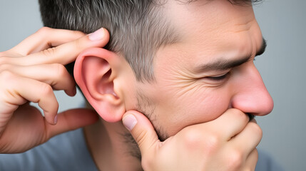 Man experiencing ear pain and discomfort, hands on ear, face showing painful expression