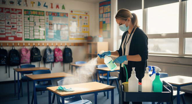 A dedicated teacher wearing a mask and gloves diligently sanitizes student desks in an empty classroom, ensuring safety and hygiene.