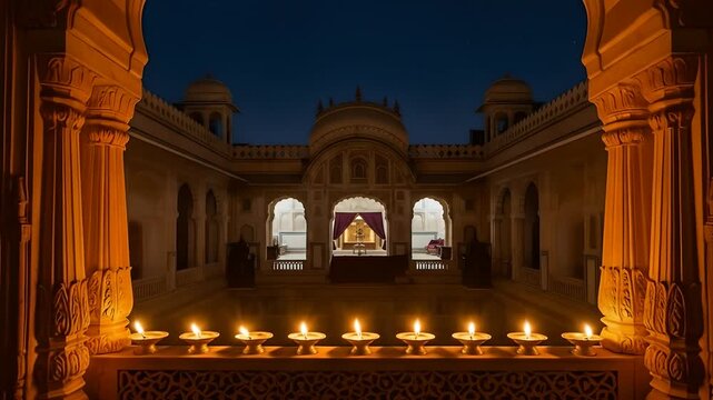 India Palace illuminated by candles at dusk, ancient architecture, luxury travel, hinduism & culture concepts. Ideal for Diwali, wedding, historic preservation campaigns.