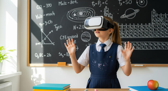 Curious Schoolgirl Explores Immersive Virtual Reality Education in a Modern Classroom, Standing Before a Chalkboard with Scientific Formulas and Diagrams. - Powered by Adobe