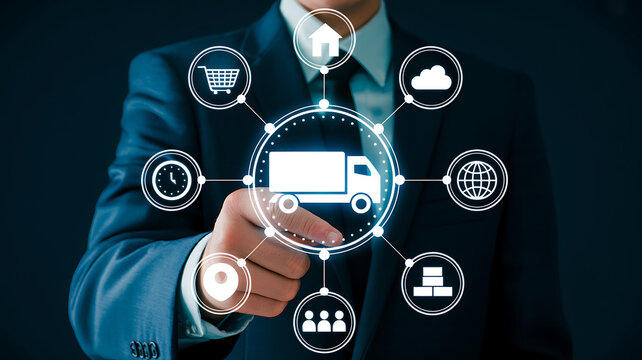 Business person interacting with digital network of logistics and supply chain management icons