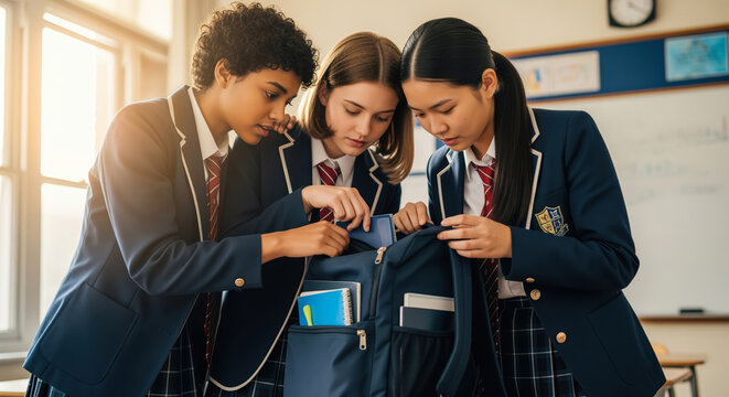 Three diverse schoolgirls in uniform collaboratively search through a backpack inside a sunlit classroom, focusing on finding an item together during school hours.