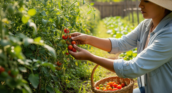 A woman farmer with a straw hat carefully harvests ripe organic cherry tomatoes into a wicker basket on a sunny day in her lush garden.