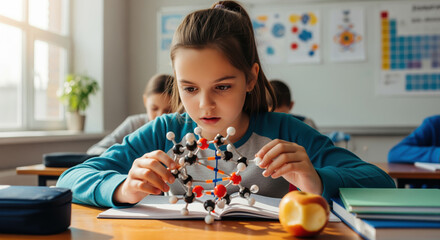Focused elementary student intently examining a complex molecule model in a bright science classroom, fostering early scientific curiosity and learning.