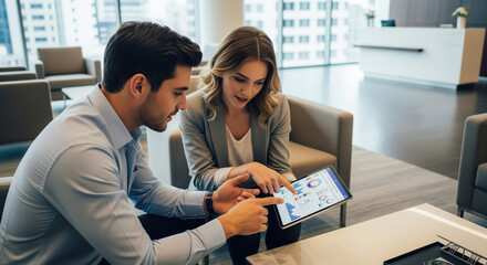 Modern Business Duo Collaborating on Digital Tablet, Analyzing Data Visuals in a Sleek Office Lobby Lounge Area