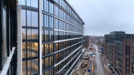 Modern office building under construction with scaffolding, street activity, and cloudy sky in the background