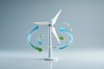 minimal design windmill turbine with blue curved arrows indicating air movement, green electric output concept blending technology with natural forces, futuristic clean energy visual