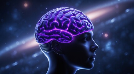 Obraz premium Glowing Brain Silhouette Against Cosmic Background, Neuroscience Concept.