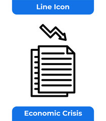 Economic Crisis Line Icon, Financial Document, Business Report, Paperwork, Economy Down, Money Loss, Stock Market Crash, Minimalist, Simple, Vector Illustration