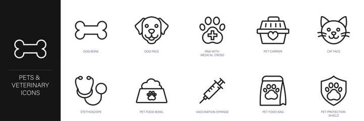 Pets and Veterinary Line Icon Set