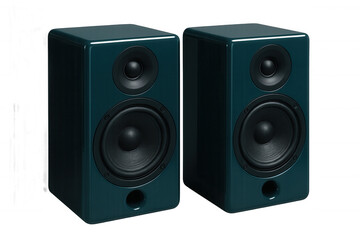 Obraz premium Teal speakers standing on transparent surface, radiating high-fidelity sound with sleek modern design and premium acoustic performance