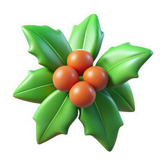 Realistic 3d render of a festive holly berry cluster with glossy green leaves transparent background