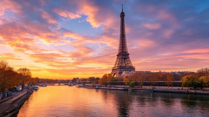 Fototapeta premium Eiffel tower at sunset in paris france with romantic sky view, beautiful golden hour light and scenic city travel background perfect for holiday celebration, vacation memories and romantic getaway pho