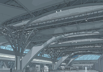 Interior shows a large highceilinged building structure with metal beams  columns Blue windows add light