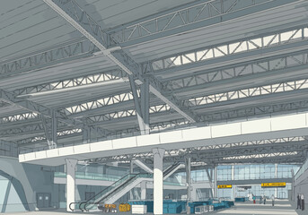 Interior view of an airport or large building showing ceiling trusses columns and interior architecture