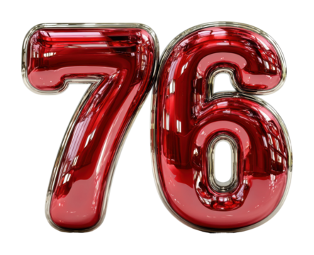 Celebrating milestone numbers 76 in a vibrant party atmosphere isolated on transparent background