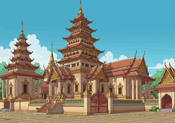 Fototapeta premium Pagodastyle temple with layered roofs golden spires and gated walls under a blue sky with white clouds