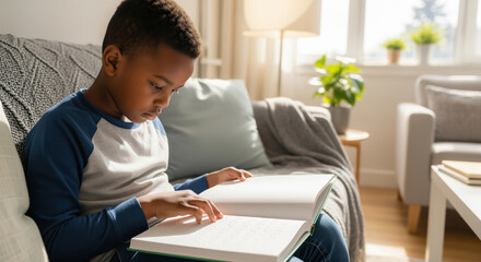 Young African American boy with sight impairment learns by reading a Braille book in a bright, sunny home living room, showcasing childhood development.