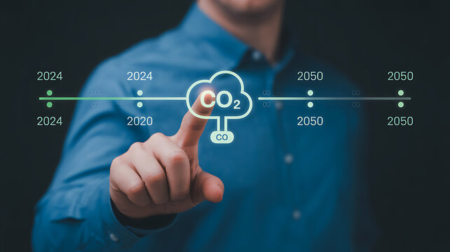 Person's finger interacts with digital co2 cloud icon on futuristic timeline interface