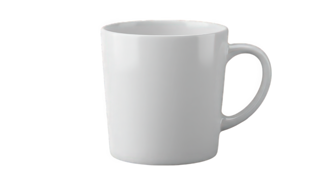 A simple white ceramic mug with a handle on a black background in a studio setting for product photography