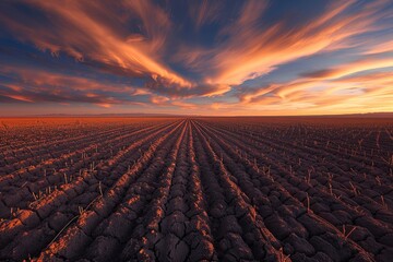 Fototapeta premium Open plowed field with small green plants under a dramatic sunset. Serene atmosphere highlighted by colorful sky.