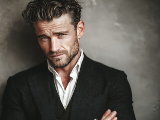 Obraz premium Calm and Charming Male Portrait: Man in Dark Three - Piece Suit and White Shirt with Beard