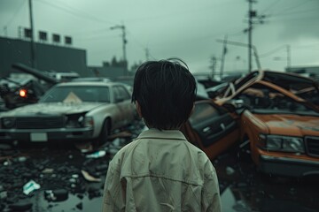 Asian boy around 5-7 years old stands amidst wrecked cars in a desolate urban landscape. Somber atmosphere reflects post-disaster emotions.