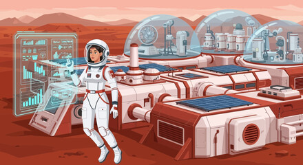 Astronaut interacting with augmented reality interface on a martian base