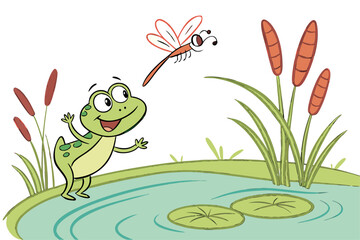 Playful Pond Life Frog and Dragonfly