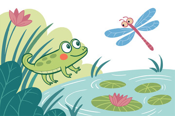 Playful Pond Life Frog and Dragonfly