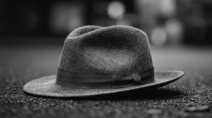 Close-up of a gray fedora hat on a dark surface.