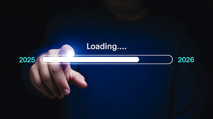 Finger presses digital loading bar with progress indicator technology concept for future data transfer