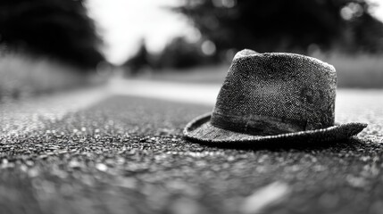 A fedora hat rests on the ground.