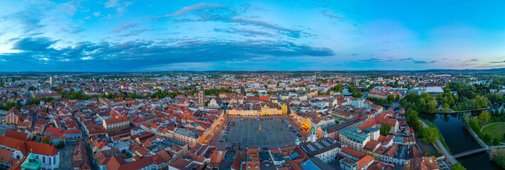 Sunset panorama of the main square in Ceske Budejovice, Czech re