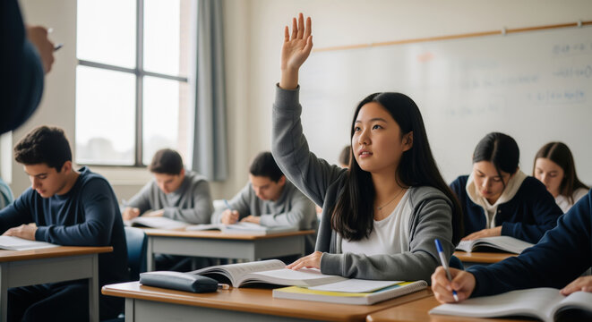 Focused teenage Asian student actively raises hand during an engaging high school classroom lesson with diverse peers.
