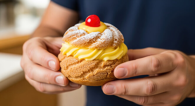 Close up of a man's hands holding an exquisite Italian Zeppola di San Giuseppe pastry, adorned with cream, powdered sugar, and a cherry.