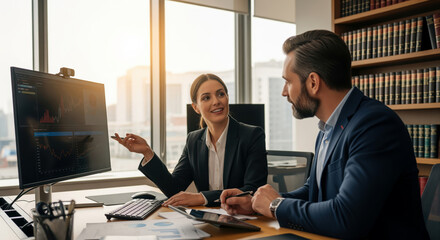 Confident female financial advisor discussing market data with a male colleague in a professional law office setting.