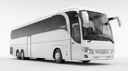 Large modern white tour bus isolated on clean white background, transportation vehicle for group travel, tourism, vacation trips, charter service, and passenger transport concept