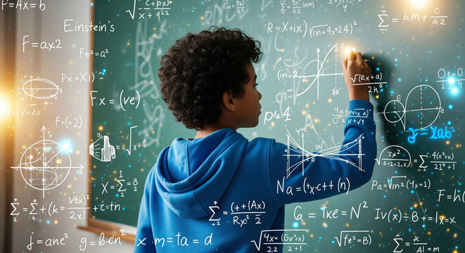 Young student, viewed from the back, engrossed in solving advanced mathematical equations and scientific concepts on a vibrant, illuminated chalkboard.