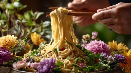 Naklejka premium Close-Up of Noodles Being Lifted with Chopsticks Among Flowers