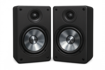 Two black speakers positioned on a transparent background, poised to deliver rich sound and vibrant music for any occasion