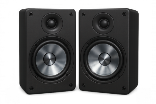 Two black speakers positioned on a transparent background, poised to deliver rich sound and vibrant music for any occasion