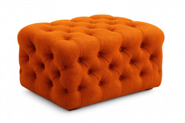 Orange buttoned pouf providing elegant home decor accent, cushioned seating in minimalist design, floating on transparent backdrop