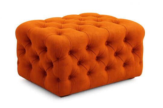 Orange buttoned pouf providing elegant home decor accent, cushioned seating in minimalist design, floating on transparent backdrop