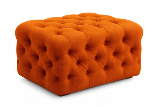 Orange buttoned pouf providing elegant home decor accent, cushioned seating in minimalist design, floating on transparent backdrop
