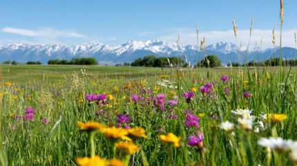 Obraz premium Colorful wildflowers in a lush green field with snow-capped mountains in the background under a clear sky