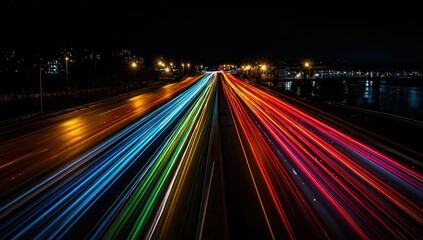 Colorful Light Trails on a Highway at Night - Long Exposure.