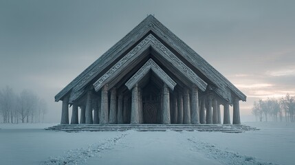 Norse temple wooden architecture snow wide cinematic